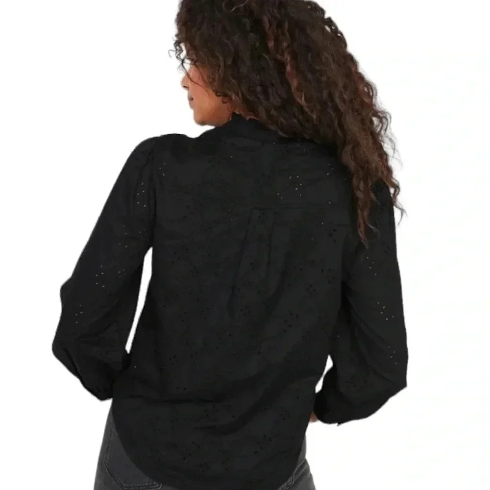 NWT Old Navy Ruffle Neck Black Eyelet Button Down Shirt Top Womens size medium